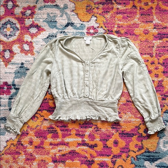 Japna Tops - Japna Cream Smocked Ruffled Long Sleeve Blouse